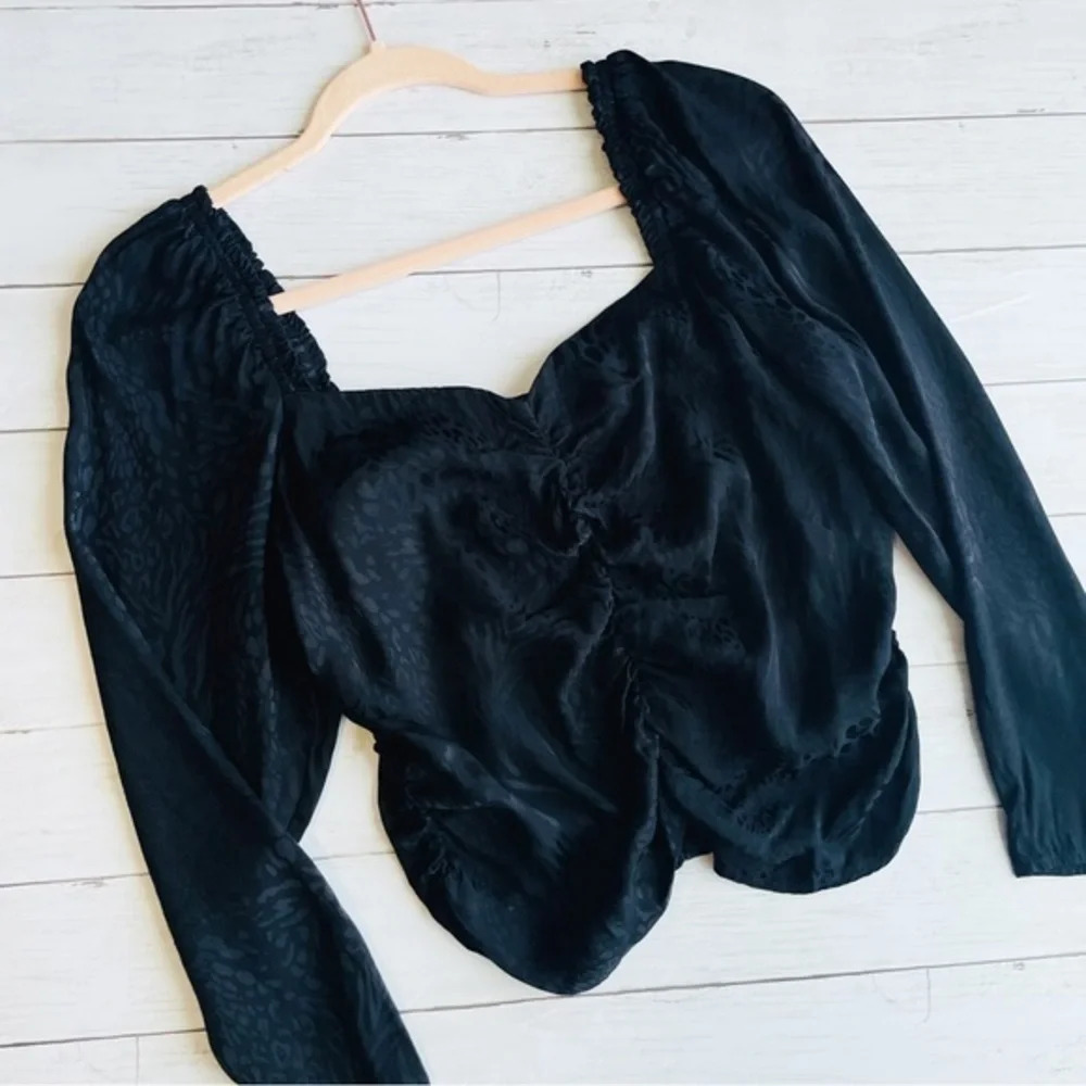 H&M Black Moire Fabric Long Mutton Sleeve Top Size 12